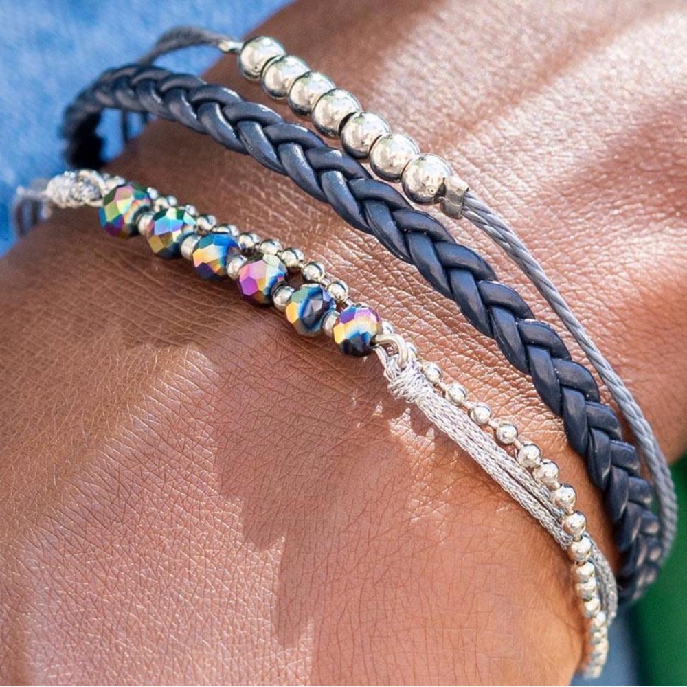 Women’s Layered Bead & Braided Bracelet Set - Navy and Silver